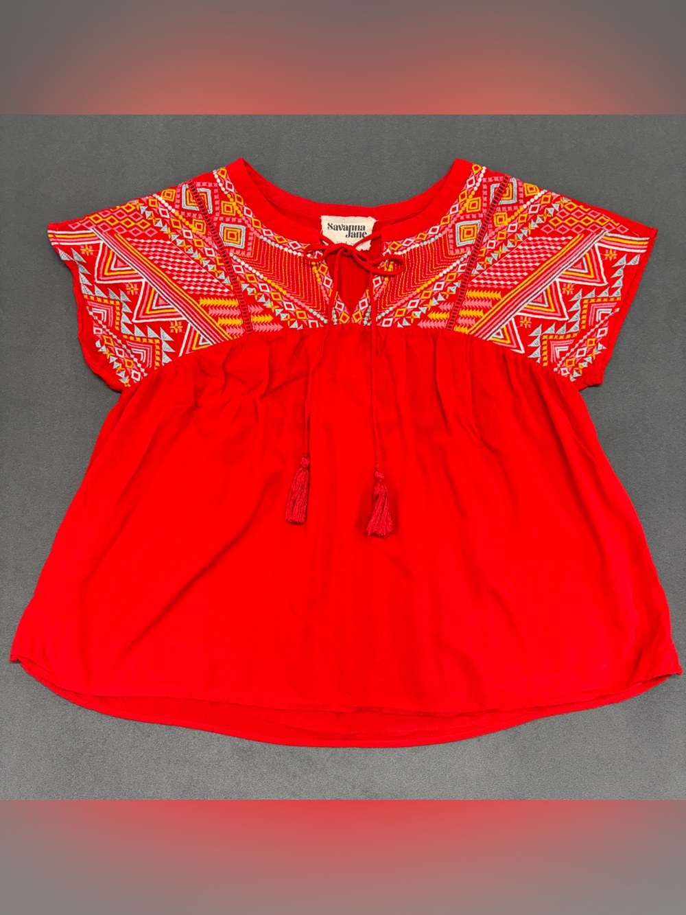 Savanna Jane Embroidered Boho Peasant Top Red Tassel Festival Blouse L